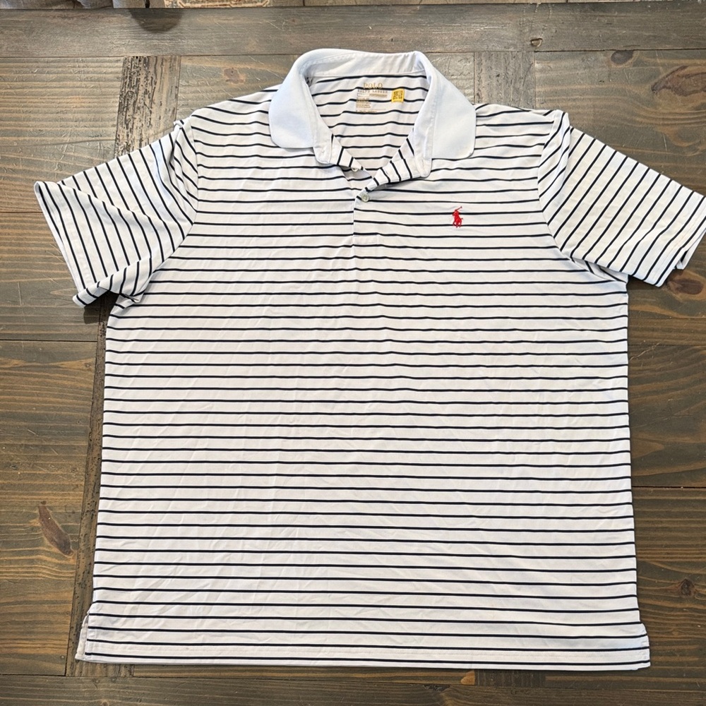 Polo-Style Gray/Black Striped Short Sleeve Shirt with Red Logo
